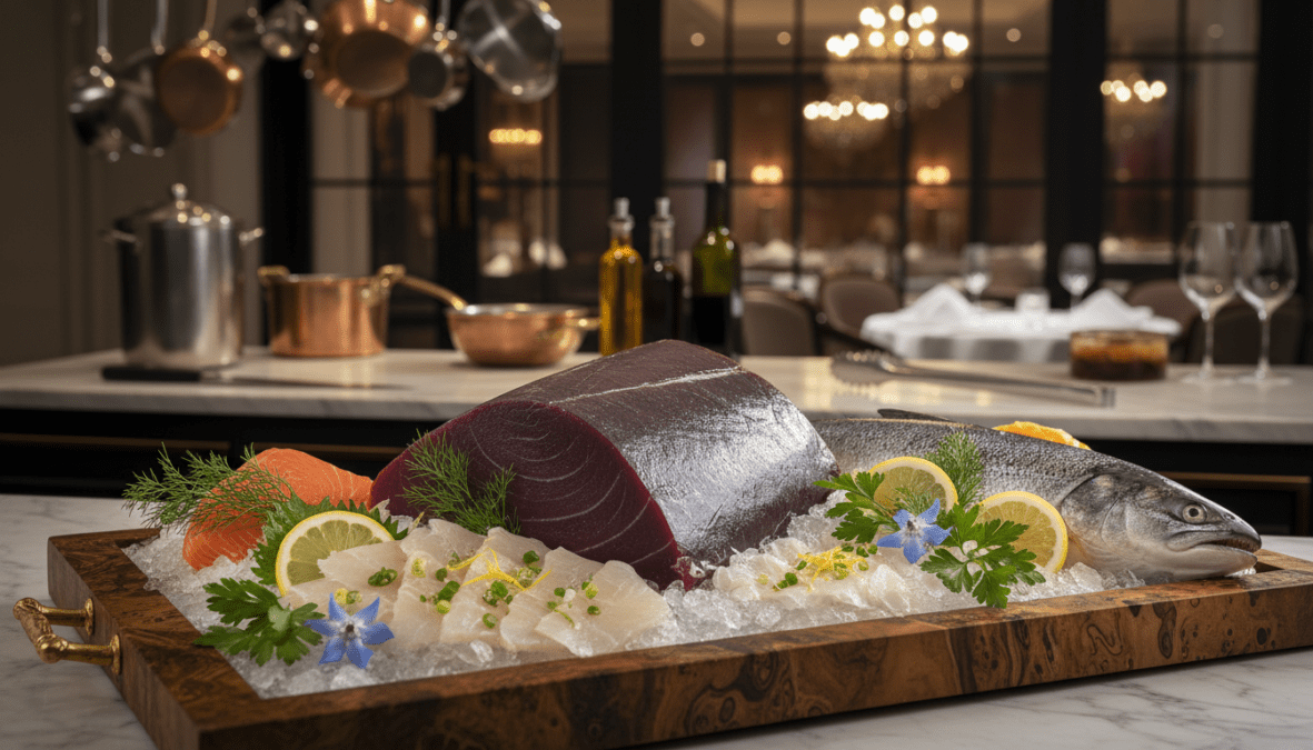 A visually stunning scene featuring an assortment of the world's most expensive food fish, including a vibrant bluefin tuna, elegant fugu, and rare wild salmon. In the foreground, showcase the fish beautifully arranged on an exquisite wooden platter, with ice and garnishes like lemon slices and herbs. The middle layer reveals a soft-focus kitchen environment, filled with elegant cooking tools and accessories to suggest gourmet preparation. In the background, a warm, inviting ambiance is created with dimmed lighting and subtle reflections of a well-appointed dining area. The overall mood is luxurious and sophisticated, conveying the delicacy and rarity of these prized seafood selections. Use a macro lens effect to highlight the textures and details of the fish, emphasizing their rich colors and textures. A visually stunning scene featuring an assortment of the world's most expensive food fish, including a vibrant bluefin tuna, elegant fugu, and rare wild salmon. In the foreground, showcase the fish beautifully arranged on an exquisite wooden platter, with ice and garnishes like lemon slices and herbs. The middle layer reveals a soft-focus kitchen environment, filled with elegant cooking tools and accessories to suggest gourmet preparation. In the background, a warm, inviting ambiance is created with dimmed lighting and subtle reflections of a well-appointed dining area. The overall mood is luxurious and sophisticated, conveying the delicacy and rarity of these prized seafood selections. Use a macro lens effect to highlight the textures and details of the fish, emphasizing their rich colors and textures.