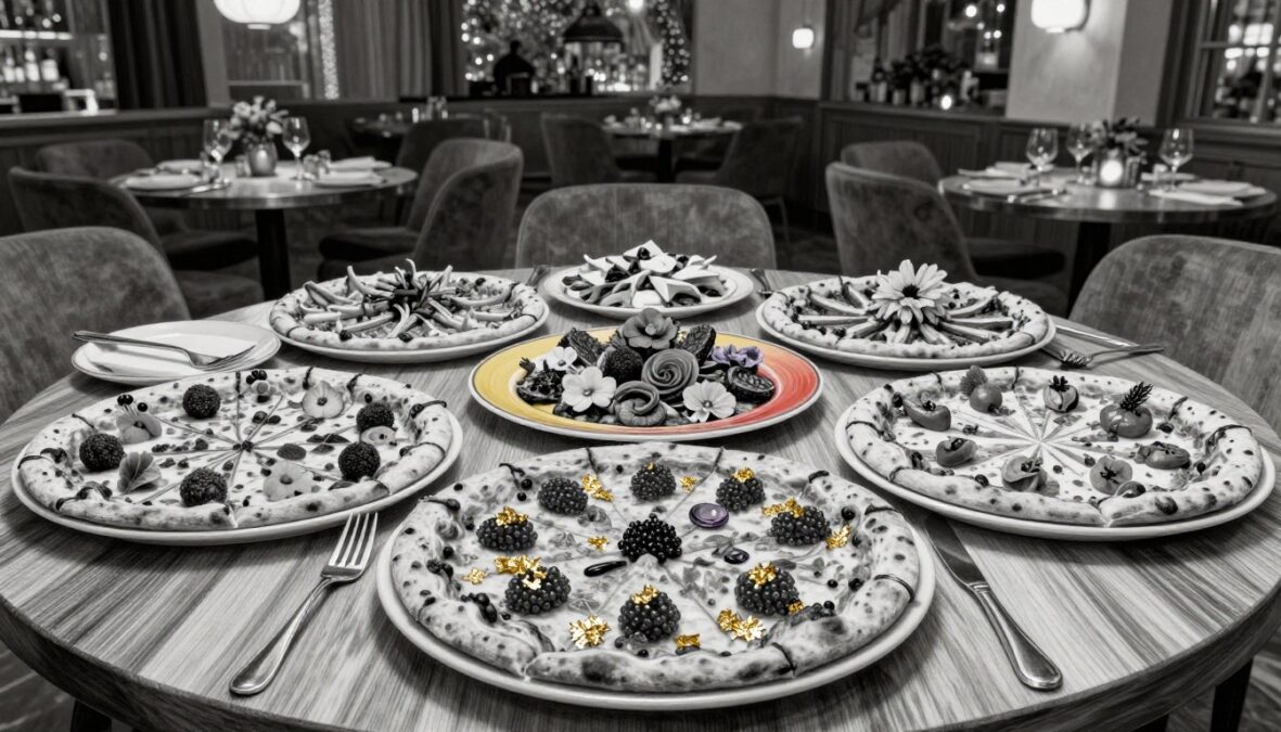 A whimsical culinary scene showcasing various extravagant pizzas arranged artistically on a large wooden table. In the foreground, a lavish pizza topped with caviar and gold leaf glimmers under soft, warm lighting. Surrounding it are imaginative pizzas with unusual toppings like edible flowers, truffles, and even gemstones, all meticulously detailed. The middle layer includes colorful plates and exquisite cutlery, emphasizing luxury. In the background, a stylish restaurant ambiance with muted colors creates an elegant atmosphere, highlighted by dim pendant lighting. The overall mood is one of opulence and curiosity, encouraging awe and fascination with these bizarre pizza creations. The image is in black and white pencil sketch style, accented with selective pops of color to draw attention to the vibrant toppings and luxurious elements. A whimsical culinary scene showcasing various extravagant pizzas arranged artistically on a large wooden table. In the foreground, a lavish pizza topped with caviar and gold leaf glimmers under soft, warm lighting. Surrounding it are imaginative pizzas with unusual toppings like edible flowers, truffles, and even gemstones, all meticulously detailed. The middle layer includes colorful plates and exquisite cutlery, emphasizing luxury. In the background, a stylish restaurant ambiance with muted colors creates an elegant atmosphere, highlighted by dim pendant lighting. The overall mood is one of opulence and curiosity, encouraging awe and fascination with these bizarre pizza creations. The image is in black and white pencil sketch style, accented with selective pops of color to draw attention to the vibrant toppings and luxurious elements.