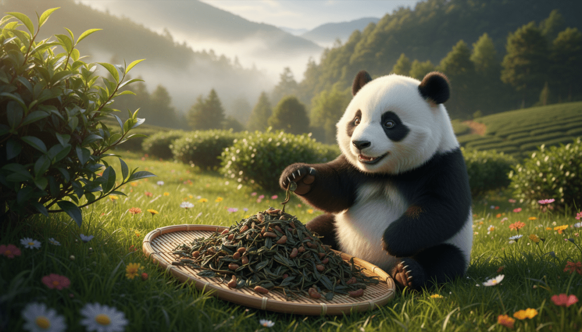 A whimsical scene featuring a panda sitting on a lush green hillside, curiously examining a pile of unique tea leaves, symbolizing the "Panda Dung Tea." The foreground shows the panda with a playful expression, its black and white fur contrasting with the vibrant green grass and colorful blossoms around it. In the middle ground, delicate tea plants flourish under the gentle sunlight, creating a serene atmosphere. The background reveals rolling hills shrouded in a soft mist, enhancing the magical quality of the scene. The lighting is warm and inviting, evoking a sense of wonder, as if inviting viewers into the fascinating world of rare teas. Use a slightly elevated angle to capture the panda's curious gaze towards the tea leaves, with a shallow depth of field to enhance focus on the foreground elements.