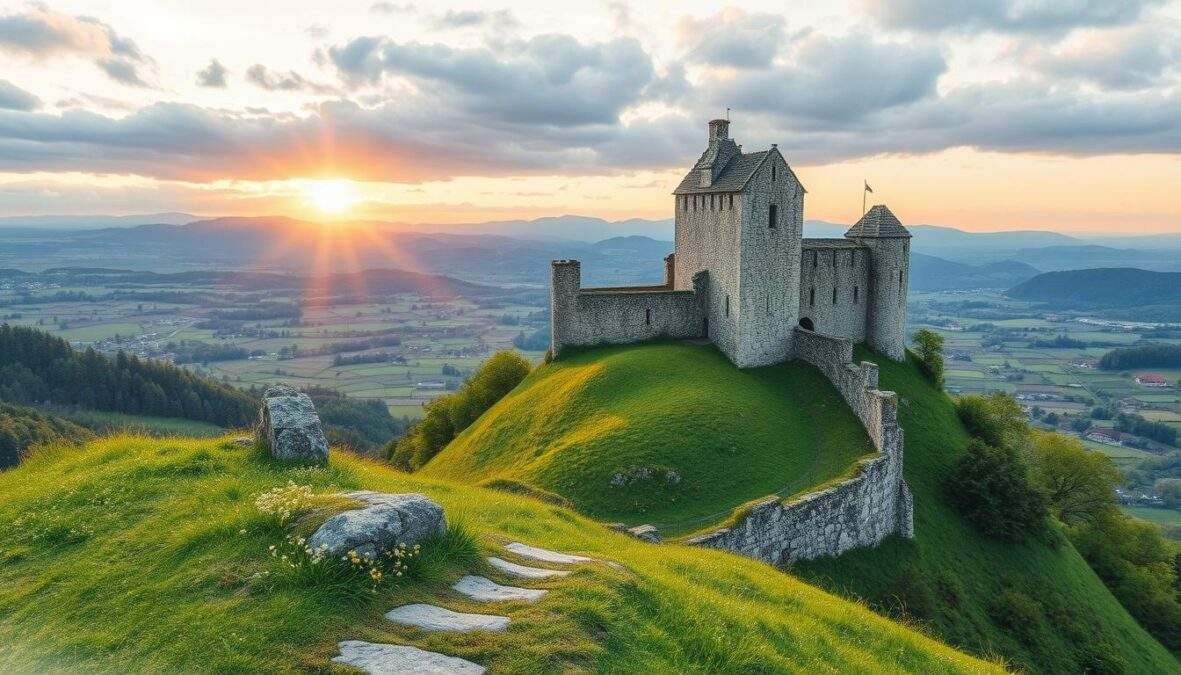 An ancient, majestic ruin of Burgruine Schaunberg perched atop a lush hill in Upper Austria, showcasing its impressive stone walls and steep towers. In the foreground, a gentle slope covered with green grass and wildflowers leads to the castle's entrance, where weathered stones tell tales of history. The middle ground features an expansive view of the surrounding rustic valleys and distant blue mountains under a soft, cloudy sky lit by a golden sunset. The atmosphere is serene yet mysterious, inviting exploration. Rendered in detailed pencil sketch style, with selective vibrant color accents highlighting the castle's features and the natural beauty around it, evoking a blend of nostalgia and intrigue. An ancient, majestic ruin of Burgruine Schaunberg perched atop a lush hill in Upper Austria, showcasing its impressive stone walls and steep towers. In the foreground, a gentle slope covered with green grass and wildflowers leads to the castle's entrance, where weathered stones tell tales of history. The middle ground features an expansive view of the surrounding rustic valleys and distant blue mountains under a soft, cloudy sky lit by a golden sunset. The atmosphere is serene yet mysterious, inviting exploration. Rendered in detailed pencil sketch style, with selective vibrant color accents highlighting the castle's features and the natural beauty around it, evoking a blend of nostalgia and intrigue.