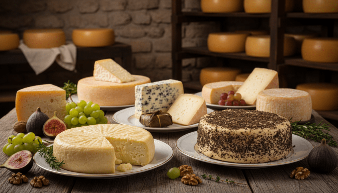 An artistic display of the world's most expensive cheeses, elegantly arranged on a rustic wooden table. In the foreground, feature an exquisite round of Pule cheese, its creamy texture evident, accompanied by a tantalizing wheel of Trüffel-Brie, adorned with delicate truffle shavings. Surround them with luxurious garnishes like figs, nuts, and sprigs of fresh herbs. In the middle ground, include a few other rare cheese varieties, each presented on fine porcelain plates, with rich colors and textures catching the light. The background should depict a softly lit cheese cellar, stone walls adorned with wooden shelves filled with cheese wheels. Warm, ambient lighting creates an inviting atmosphere, highlighting the opulence of these delicacies. The scene should evoke a sense of luxury and indulgence, perfect for an upscale culinary experience.