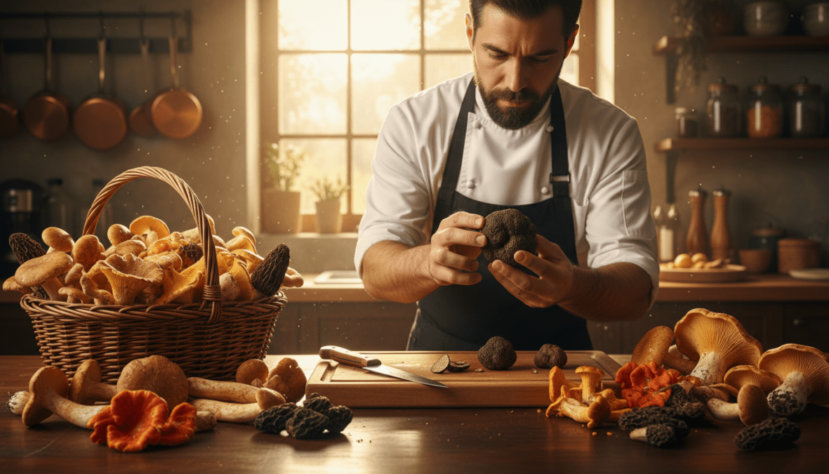An elegant wooden kitchen countertop filled with assorted rare edible mushrooms such as truffles, Matsutake, and other gourmet varieties, freshly harvested and delicately arranged. In the foreground, a skilled chef in professional attire examines a truffle with focused intent, showcasing the vibrant textures and colors of the mushrooms. The middle layer features a rustic basket filled with other mushrooms, glistening from recent washing, with a wooden knife and cutting board beside them. The background is softly blurred, revealing a warm, inviting kitchen with natural light streaming through a window, creating a cozy atmosphere that highlights the luxurious nature of these rare fungi. The final image should evoke a sense of luxury and passion for gourmet cooking.