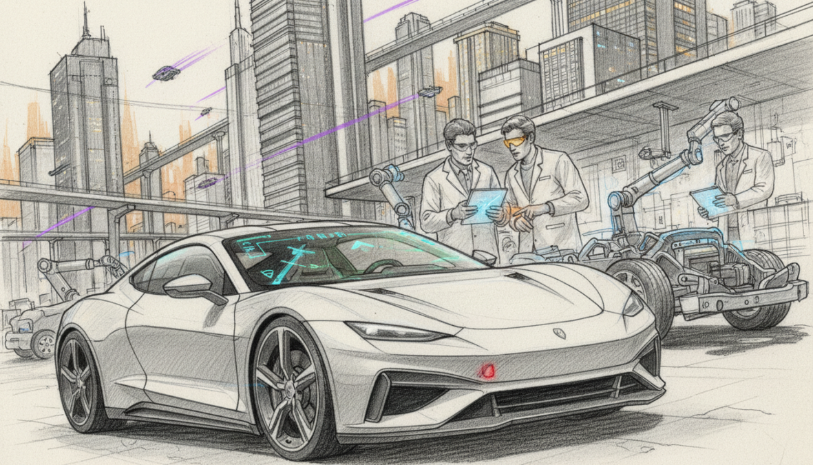 An intricate automotive scene showcasing advanced technology and safety innovations in the vehicle sector. In the foreground, a sleek, modern car with high-tech features like an augmented reality dashboard and advanced driver-assistance systems. The middle ground features a sophisticated workshop setting, with engineers in professional attire collaborating on vehicle safety technologies. In the background, a cityscape symbolizes the future of transportation, illuminated by soft lighting to create a warm, inviting atmosphere. Emphasize pencil-drawn black and white elements with selective bursts of color highlighting the innovative technology. Use a balanced composition with a slightly angled perspective to create depth, conveying a sense of progression and modernity in automotive engineering.