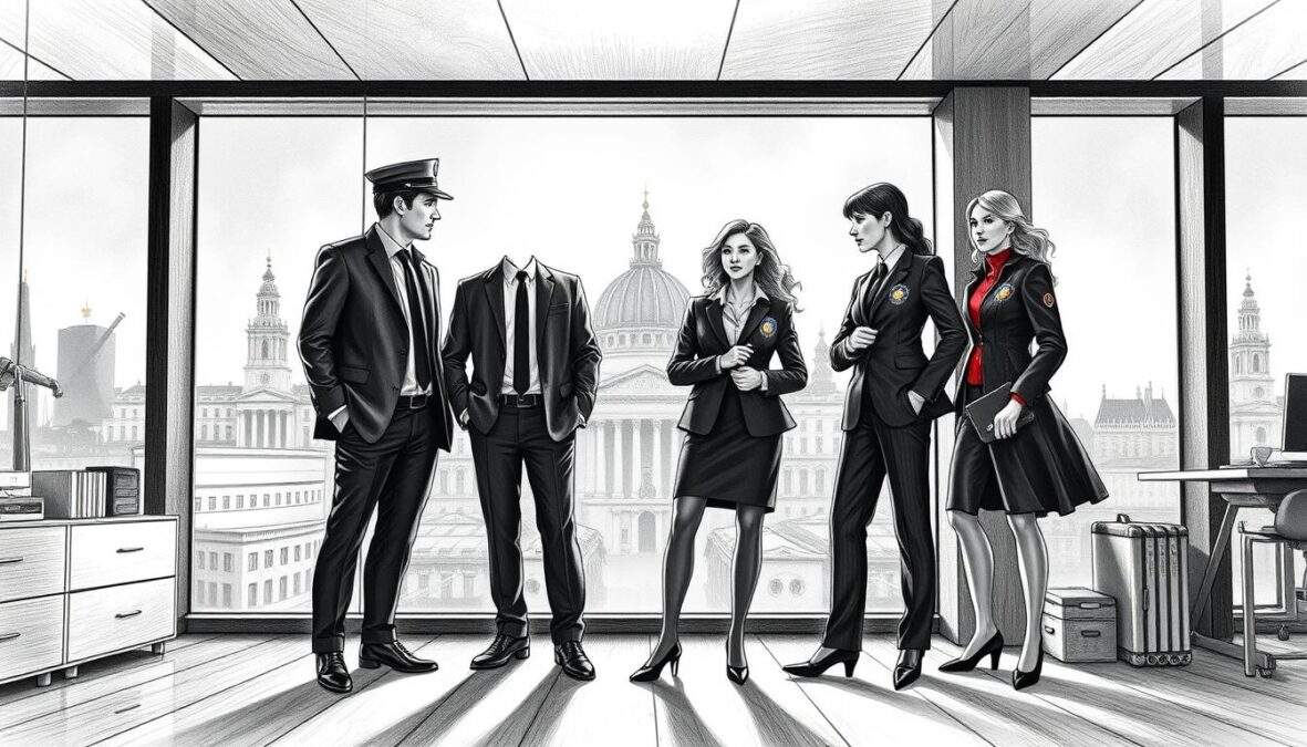 An investigative team in a modern urban setting inspired by Vienna, showcasing the "SOKO Wien Jubiläumsstaffel" theme. Foreground: a diverse group of three detectives, one male and two female, dressed in professional business attire, engaged in discussion, displaying camaraderie and focus. Middle: a sleek office environment with a large window displaying iconic Vienna architecture bathed in natural light. Background: subtle elements like a cityscape and police equipment that suggest a crime-solving atmosphere. The image is rendered in pencil black and white, with selective color accents on the team’s badges and the city’s skyline, creating a dynamic yet cohesive look. The overall mood is professional, exciting, and festive, celebrating the series' anniversary. An investigative team in a modern urban setting inspired by Vienna, showcasing the "SOKO Wien Jubiläumsstaffel" theme. Foreground: a diverse group of three detectives, one male and two female, dressed in professional business attire, engaged in discussion, displaying camaraderie and focus. Middle: a sleek office environment with a large window displaying iconic Vienna architecture bathed in natural light. Background: subtle elements like a cityscape and police equipment that suggest a crime-solving atmosphere. The image is rendered in pencil black and white, with selective color accents on the team’s badges and the city’s skyline, creating a dynamic yet cohesive look. The overall mood is professional, exciting, and festive, celebrating the series' anniversary.