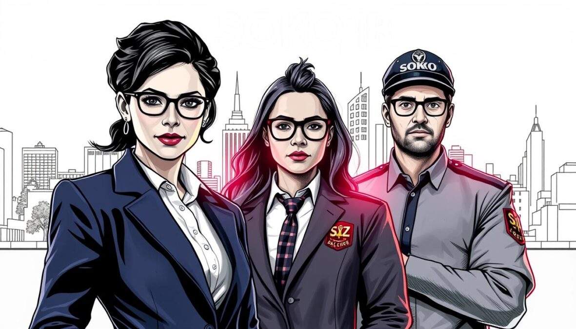 An investigative team of diverse, professional individuals representing the new faces of "SOKO Linz" in 2026. In the foreground, three main characters: a determined female detective in a smart blazer, a focused male investigator with glasses, and a tech-savvy officer wearing a casual yet professional outfit. They are positioned in a dynamic pose, suggesting teamwork and collaboration. In the middle ground, a backdrop of a modern cityscape with hints of Linz architecture, subtly sketched in black and white, featuring vibrant color accents highlighting key elements, like urban details and the team's badges. The lighting is soft, casting gentle shadows to create an inviting atmosphere while maintaining clarity. The image captures a sense of anticipation and professionalism, perfect for an engaging article on their latest season. An investigative team of diverse, professional individuals representing the new faces of "SOKO Linz" in 2026. In the foreground, three main characters: a determined female detective in a smart blazer, a focused male investigator with glasses, and a tech-savvy officer wearing a casual yet professional outfit. They are positioned in a dynamic pose, suggesting teamwork and collaboration. In the middle ground, a backdrop of a modern cityscape with hints of Linz architecture, subtly sketched in black and white, featuring vibrant color accents highlighting key elements, like urban details and the team's badges. The lighting is soft, casting gentle shadows to create an inviting atmosphere while maintaining clarity. The image captures a sense of anticipation and professionalism, perfect for an engaging article on their latest season.