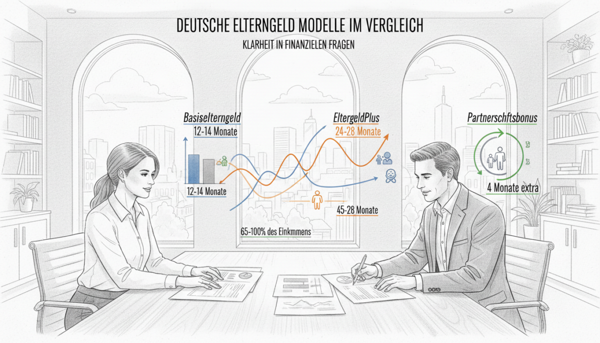 Create a black and white pencil-drawn illustration depicting a comparison between "Basiselterngeld," "ElterngeldPlus," and "Partnerschaftsbonus." In the foreground, show a professional-looking couple in modest business attire, engaged in a discussion over charts and graphs on a table, emphasizing collaboration. The middle ground features detailed infographics and diagrams highlighting the differences between these parental benefits, with selective color accents to draw attention to key figures and elements. In the background, illustrate a serene office environment with soft lighting, large windows revealing a calm cityscape outside. The overall mood should be professional and informative, aimed at conveying clarity and understanding in financial matters.