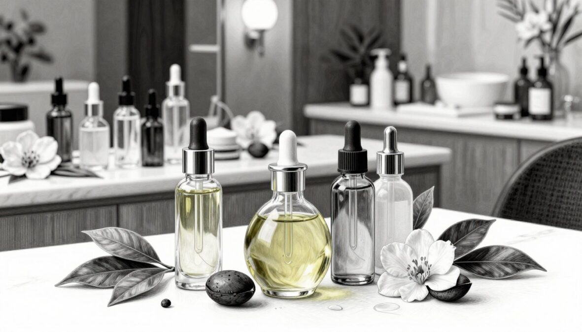 Create a sophisticated black and white illustration showcasing the luxurious application of expensive oils in cosmetics. In the foreground, depict elegantly arranged glass bottles filled with argan oil, truffle oil, and other rare oils, with subtle color accents highlighting their vibrant hues. In the middle ground, show a counter with high-end skincare products, elegantly displayed with delicate flowers and natural elements like leaves to emphasize their organic origins. The background features a softly blurred luxurious spa setting, illuminated by warm ambient lighting that evokes a calming and indulgent atmosphere. The scene should convey a sense of sophistication, investment, and beauty, using a pencil drawing style that blends fine details with artistic flair.