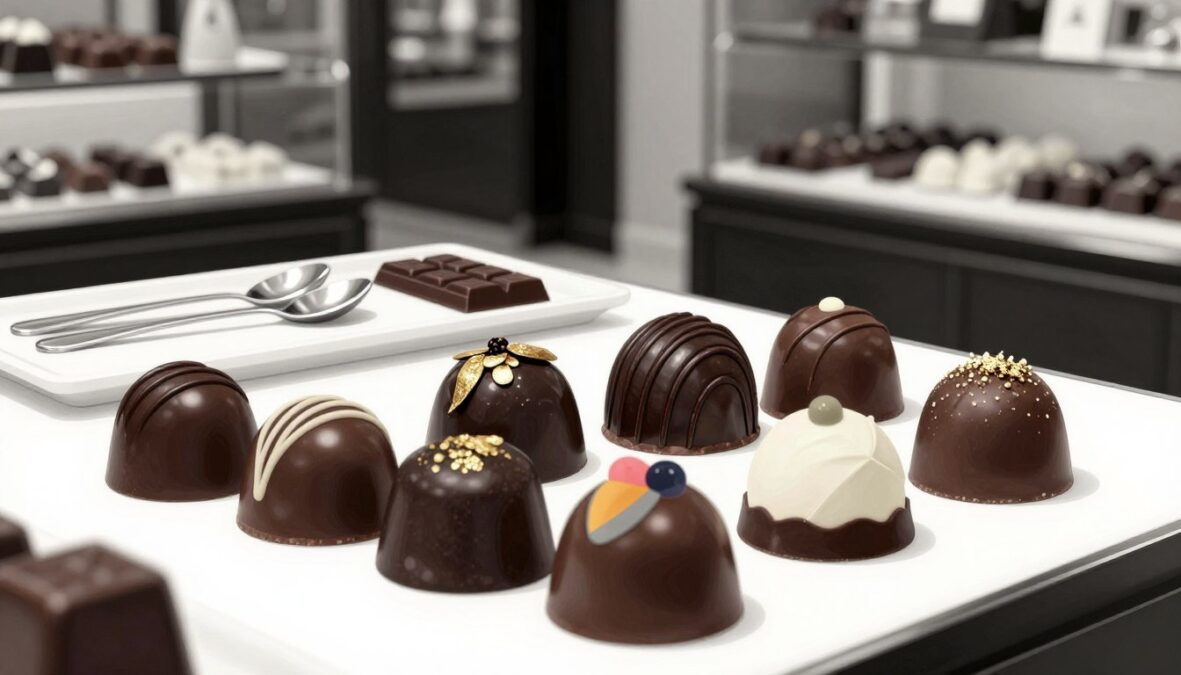 Create a stunning black-and-white illustration showcasing an exquisite taste profile of luxury chocolate pralines. In the foreground, depict an elegant arrangement of various gourmet pralines, each with intricate designs, glistening surfaces, and momentary colorful accents, like gold leaf and vibrant fruit infusions. The middle layer should include a refined chocolate tasting setup, featuring a tasting spoon and an artisanal chocolate bar. In the background, softly blurred out, hint at an upscale chocolate shop with gleaming shelves and an inviting ambiance. The lighting should be soft and warm, creating an indulgent atmosphere, highlighting the textures of the chocolate. Capture this scene from a slightly elevated angle, inviting viewers into a world of exceptional gourmet experiences.