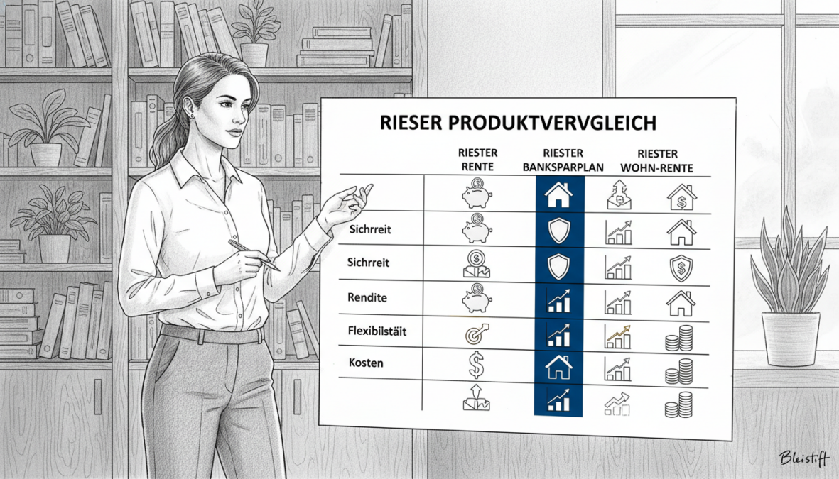 Detailed black-and-white illustration showcasing a comparison chart of various Riester financial products, including insurance and fund savings plans. In the foreground, present a professional-looking businesswoman in a smart casual outfit, thoughtfully analyzing the chart with a pen. In the middle, depict a large, clear chart filled with icons representing different Riester investment options like a piggy bank for savings, a document for insurance, and bar graphs to indicate growth. In the background, include a softly lit office environment with shelves of financial books and plants, creating a calm, focused atmosphere. Use selective color accents to highlight key areas of the chart, enhancing visual interest while maintaining a professional tone.