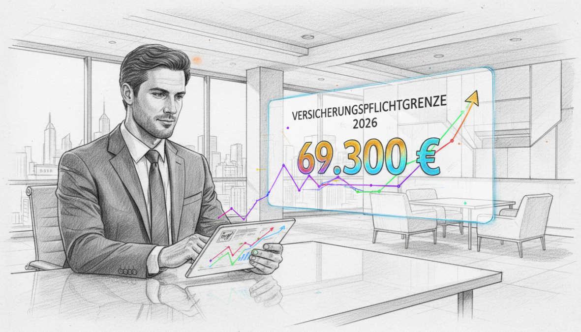 Draw a visually engaging scene centered around the concept of "Versicherungspflichtgrenze 2026." In the foreground, depict a confident business professional in smart attire, analyzing financial charts and graphs on a digital tablet, with a focused expression. In the middle, illustrate a large, transparent screen displaying the insurance threshold numbers and trends for 2026, incorporating sharp, clear lines and data points. The background should feature a modern office setting with minimalistic design elements, fused with hints of color highlighting key stats. Use soft, ambient lighting to create a professional atmosphere while incorporating pencil sketch effects in black and white, with selective vibrant accents on important elements, like the figures on the screen, to draw attention to the data.