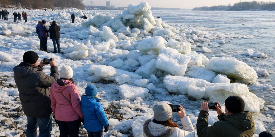 Eisberge Elbe Hamburg: Meterhohe Eiswand bei Geesthacht