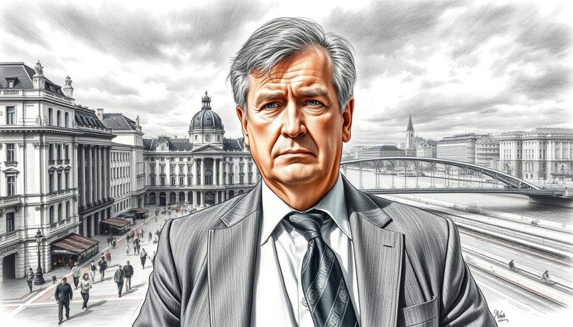 Helmuth Nowak, a middle-aged man with salt-and-pepper hair, stands confidently in a stylish yet professional outfit, embodying determination and resilience. He's positioned prominently in the foreground, with a serious expression reflecting his comeback. In the middle ground, a bustling urban scene of Vienna is captured, featuring classic architecture and modern elements, subtly blending the old with the new. The background features a soft-focus view of the Danube River, under a dramatic sky that conveys a sense of anticipation. The overall mood is both dynamic and tense, suggesting a pivotal moment, illustrated in pencil black and white with selective, vibrant color accents highlighting key elements, such as Nowak's tie and the city’s life, creating an engaging contrast.