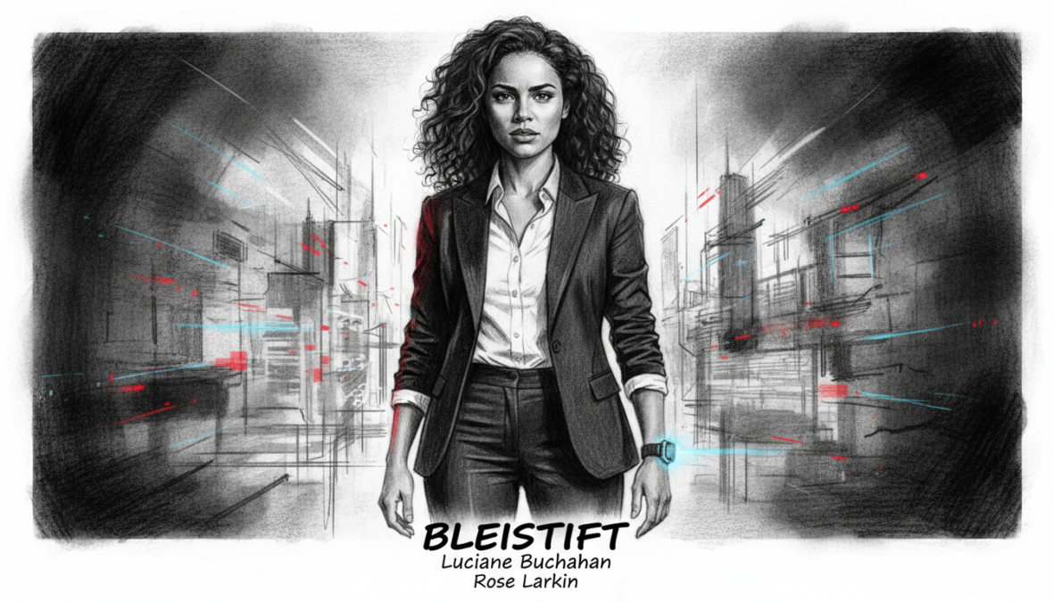Luciane Buchanan as Rose Larkin, depicted in a dramatic black and white pencil sketch style with selective color accents. In the foreground, Luciane stands confidently with a determined expression, wearing a stylish, professional outfit that combines a tailored blazer and fitted trousers, conveying her role as a savvy operative. The middle ground features a blurred depiction of a modern cityscape, signifying the high-stakes environment of the Netflix thriller. The background should include soft, dark shadows to enhance the mood of suspense. The lighting is chiaroscuro, emphasizing contrast and adding depth to her character. Capture the essence of intrigue and tension appropriate for a thrilling narrative, with attention to detail in Luciane's features and the surrounding elements.