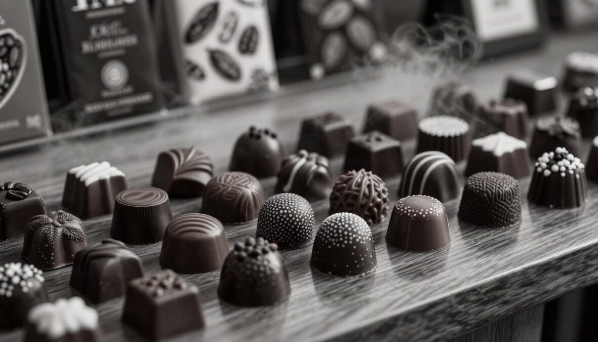 Luxurious chocolate selection comparison scene focusing on an elegant display of assorted high-end chocolates. In the foreground, feature a polished wooden table arranged with beautifully crafted pralines, showcasing intricate designs and textures, with pointillist colored accents emphasizing their lavishness. In the middle ground, soft lighting casts gentle shadows, highlighting the rich cocoa tones of the chocolates, while an atmospheric haze softly blurs the edges of the image. In the background, subtle hints of opulent packaging and an abstract representation of cocoa beans are visible, contributing to the luxury theme. The overall mood is refined and sophisticated, evoking a sense of indulgence and exclusivity, all captured in black and white with selective bursts of color.