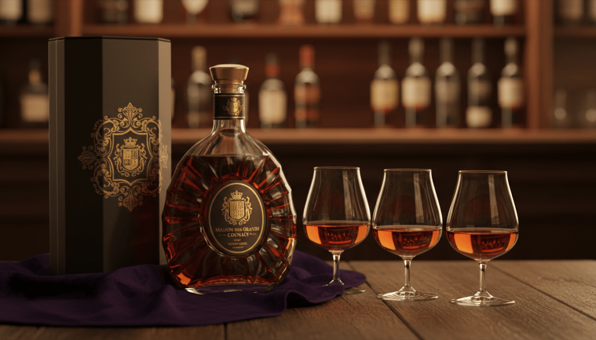 Luxurious cognac packaging displayed prominently in the foreground, showcasing a beautifully designed bottle with intricate gold detailing, reflective glass, and an elegant label. Surrounding the bottle, a selection of rich, vintage cognac glasses filled with the amber liquid catch the light. In the middle ground, a textured wooden table adds warmth, while a plush velvet cloth in deep royal purple enhances the opulence. The background features a softly blurred, dimly lit bar with polished mahogany shelves filled with other premium liquor bottles. The lighting is warm and inviting, accentuating the rich colors and textures, creating an atmosphere of sophistication and indulgence. The scene should evoke a sense of luxury and refinement, perfect for connoisseurs.