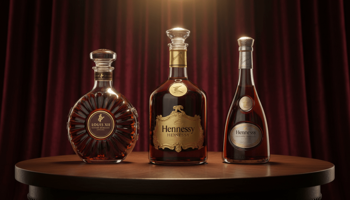 Luxurious display of premium cognac bottles, showcasing the finest brands like Hennessy and Rémy Martin. In the foreground, three elegantly designed bottles with intricate labels and sparkling glass, positioned artfully on a dark polished wooden table. The middle ground features a soft, plush velvet backdrop in rich burgundy, enhancing the opulence of the scene. A gentle overhead light casts a warm glow, creating reflections on the glass surfaces, while a slight vignette gives depth to the image. The overall mood is sophisticated and inviting, perfect for a connoisseur's collection, evoking a sense of exclusivity and luxury associated with the world's most expensive cognacs.