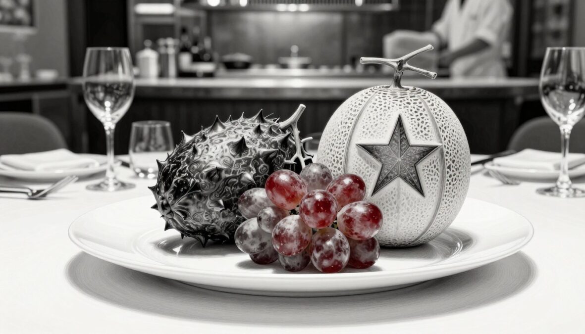 Luxurious exotic fruits displayed in an elegant star cuisine setting, featuring a Yubari melon and Ruby Roman grapes, beautifully arranged on a sleek modern white plate. The foreground captures the intricate details of the fruits’ textures, highlighting their rich colors with selective accents. In the middle ground, a stylishly set fine dining table with sophisticated tableware complements the luxury theme. The background reveals a softly lit upscale restaurant kitchen, conveying a professional atmosphere. The entire scene is illustrated in pencil in black and white, with selective pops of color on the fruits to emphasize their opulence and rarity. The lighting is warm and inviting, creating a refined and indulgent mood.