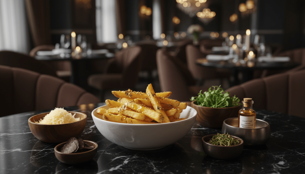 Luxurious gourmet fries presented on a stylish black marble table, surrounded by exquisite ingredients like gold leaf, truffle oil, and aged cheddar cheese. In the foreground, a portion of the fries served in a chic, contemporary dish, glistening under soft, ambient lighting. The middle ground features bowls containing the lavish toppings, carefully arranged to showcase their textures. In the background, a blurred, elegant restaurant setting with dim, atmospheric lighting, conveying a sense of opulence and exclusivity. The image captures a sumptuous and indulgent mood, with delicate highlights reflecting off the ingredients, inviting viewers to appreciate this extravagant culinary creation. The angle is slightly overhead, emphasizing the beauty and detail of the dish.