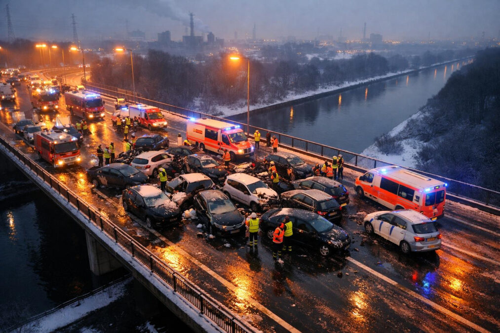 Glatteis auf Brücke löst Kettenreaktion aus