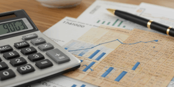 Schreibtisch mit Gehaltsabrechnung, Rechner und Diagramm mit ansteigender Linie zu Rentenbeiträgen.