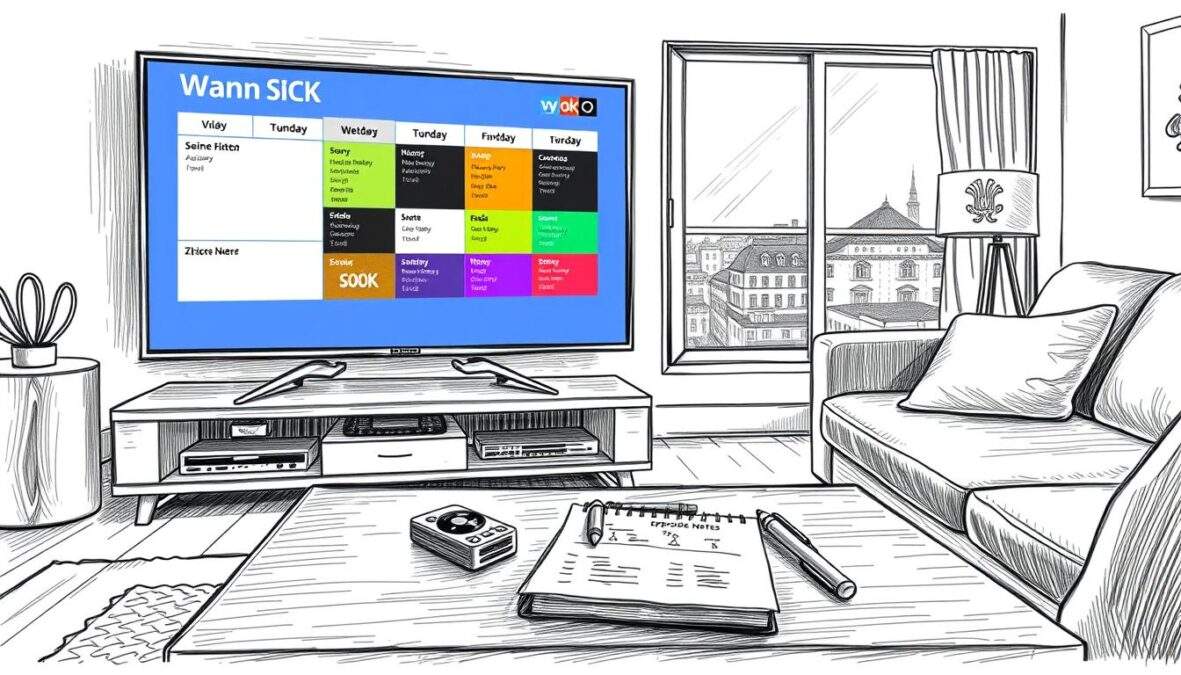 SOKO Wochenausblick Sendeplan illustrated in a black and white pencil drawing style, featuring a sleek modern TV screen displaying a vibrant weekly schedule with colorful accents highlighting each day's programming. In the foreground, a stylish coffee table holds a remote control and a notepad with Soko episode notes. The middle ground features a cozy living room setup, complete with a comfortable couch and soft lighting creating a warm atmosphere. The background displays a window showcasing a serene night cityscape, casting gentle reflections. The overall mood is inviting and informative, capturing the essence of a relaxing evening spent planning for upcoming television shows.
