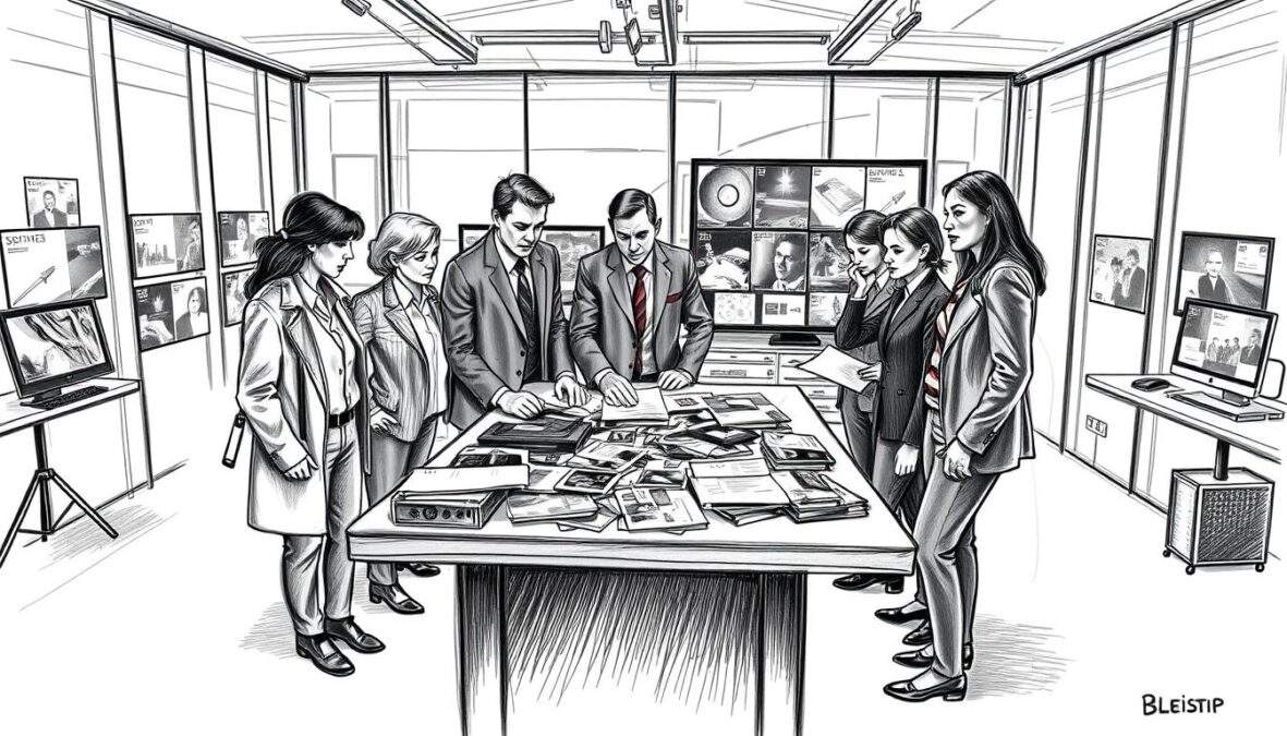 Team der Sonderkommission Leipzig, depicted in a dynamic, professional studio setting. In the foreground, a diverse group of investigators, dressed in smart business attire, collaboratively discussing case files, with expressions of determination and focus. The middle ground features a large, illuminated table cluttered with evidence and photographs, symbolizing their investigative work. The background showcases a sleek modern office with glass walls and multiple screens displaying crime scene analysis, increasing the sense of urgency and professionalism. The lighting is bright and clinical with soft shadows, suggesting an atmosphere of seriousness and teamwork. The entire image is in black and white pencil sketch style, with subtle colorful accents highlighting key details like the files and team members' badges, adding depth and interest to the scene.