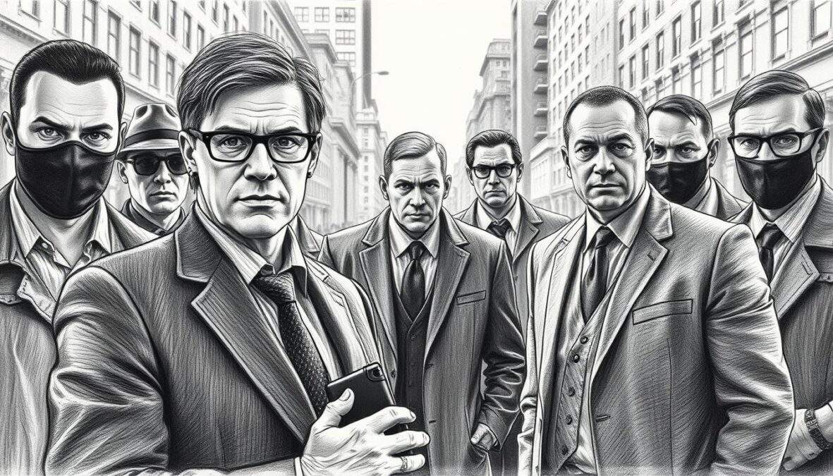 Undercover investigations in personal protection, featuring a diverse team of bodyguards in professional business attire, strategically positioned around a high-profile client. In the foreground, the lead bodyguard, a focused individual with a watchful gaze, holding a discreet communication device. The middle ground showcases the client, a well-dressed figure surrounded by a tense but composed atmosphere, reflecting the gravity of the situation. In the background, urban architecture and blurred silhouettes suggest a bustling city environment, enhancing the sense of urgency. The scene is rendered in black and white pencil style, with selective bursts of color accentuating the bodyguards’ earpieces and the client’s tie. The lighting is dramatic, with strong contrasts creating a tension-filled mood, shot at a slight low angle to emphasize the seriousness of the undercover operations.